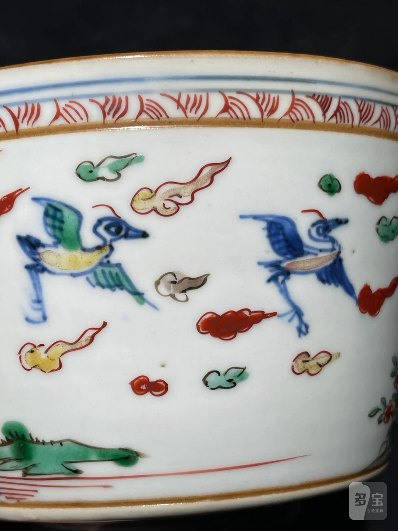 明晚期 青花五彩山水花鸟纹筒式炉 - 图7